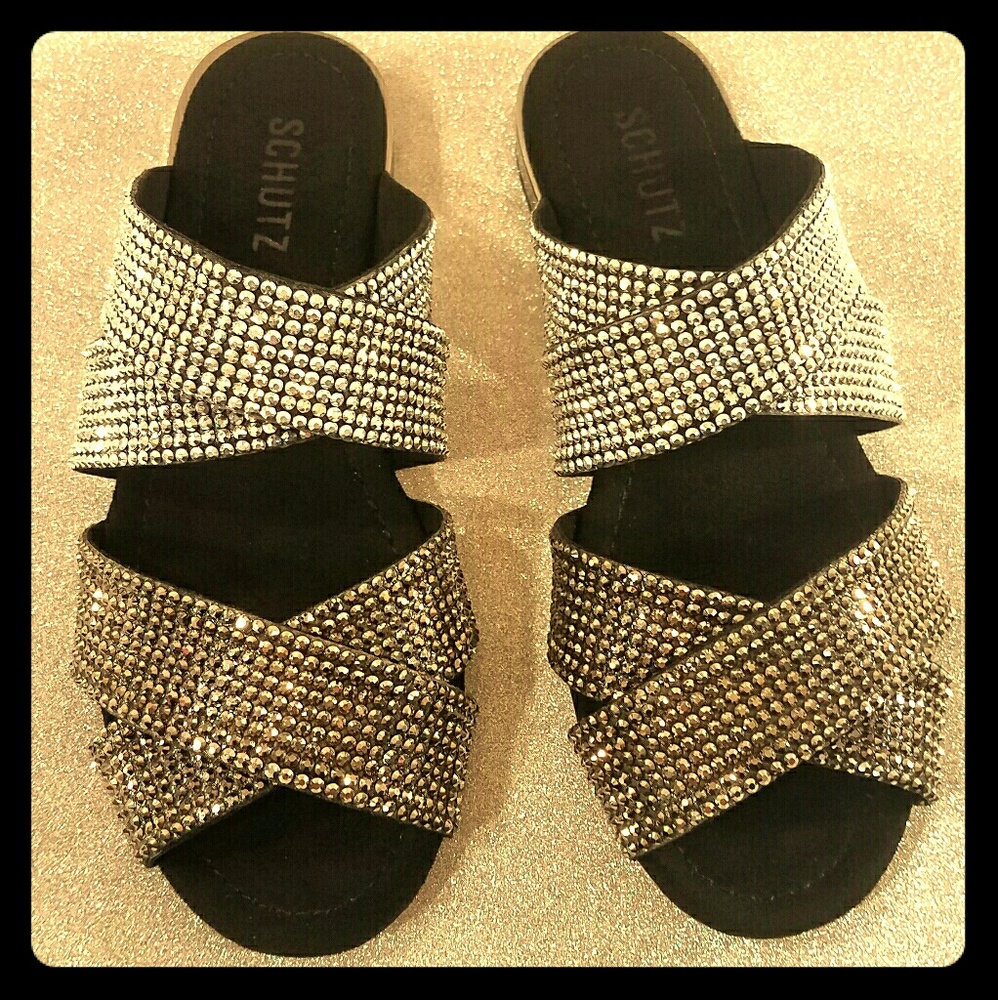 NWOT SCHUTZ Black Kayl Crystal Strap Slide